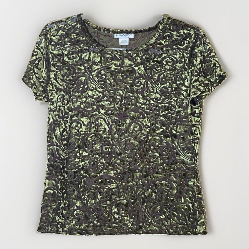 Gantos Top S Green Brown Burnout Velvet Sheer Baroque Whimsigoth Gothic Boho VTG